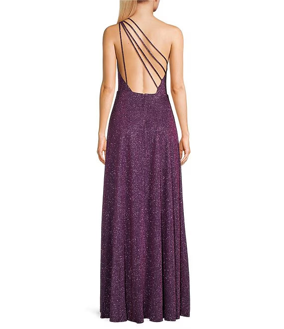 One shoulder sequin cage back length prom dress